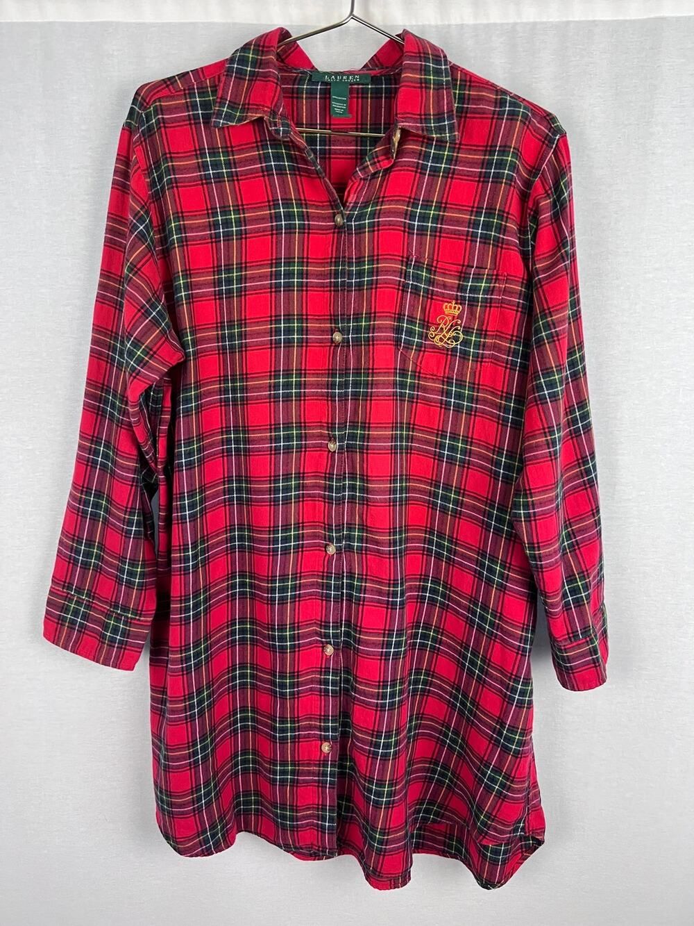 Lauren Ralph Lauren Pajama Dress Red Plaid Shirt Flannel Crest Pjs Old Money